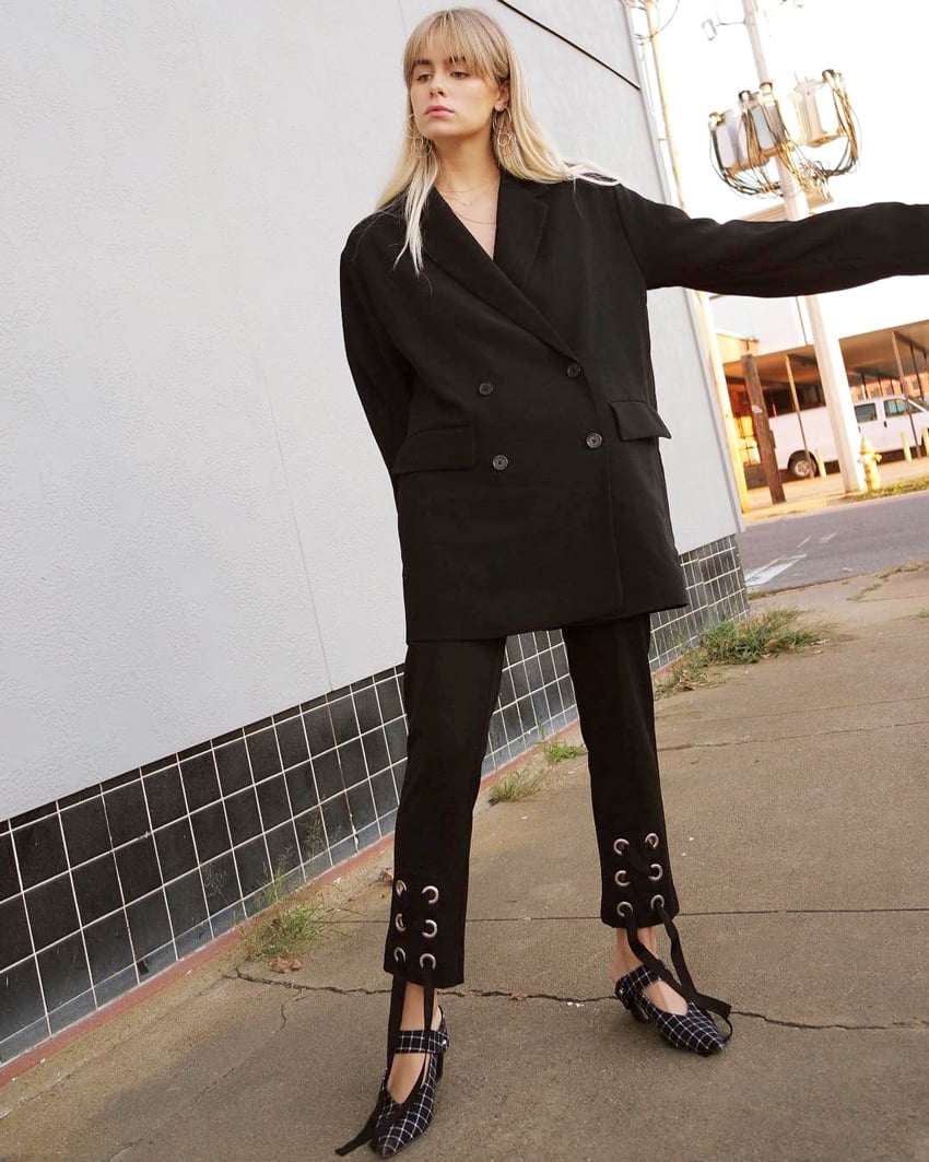 Oversized black blazer with eyelet trousers — Girls Night Out Outfits 2027