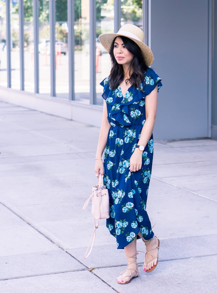 Tan gladiators with a floral midi dress and straw hat Tan gladiators with a floral midi dress and straw hat — Gladiator Sandals Outfits 2027