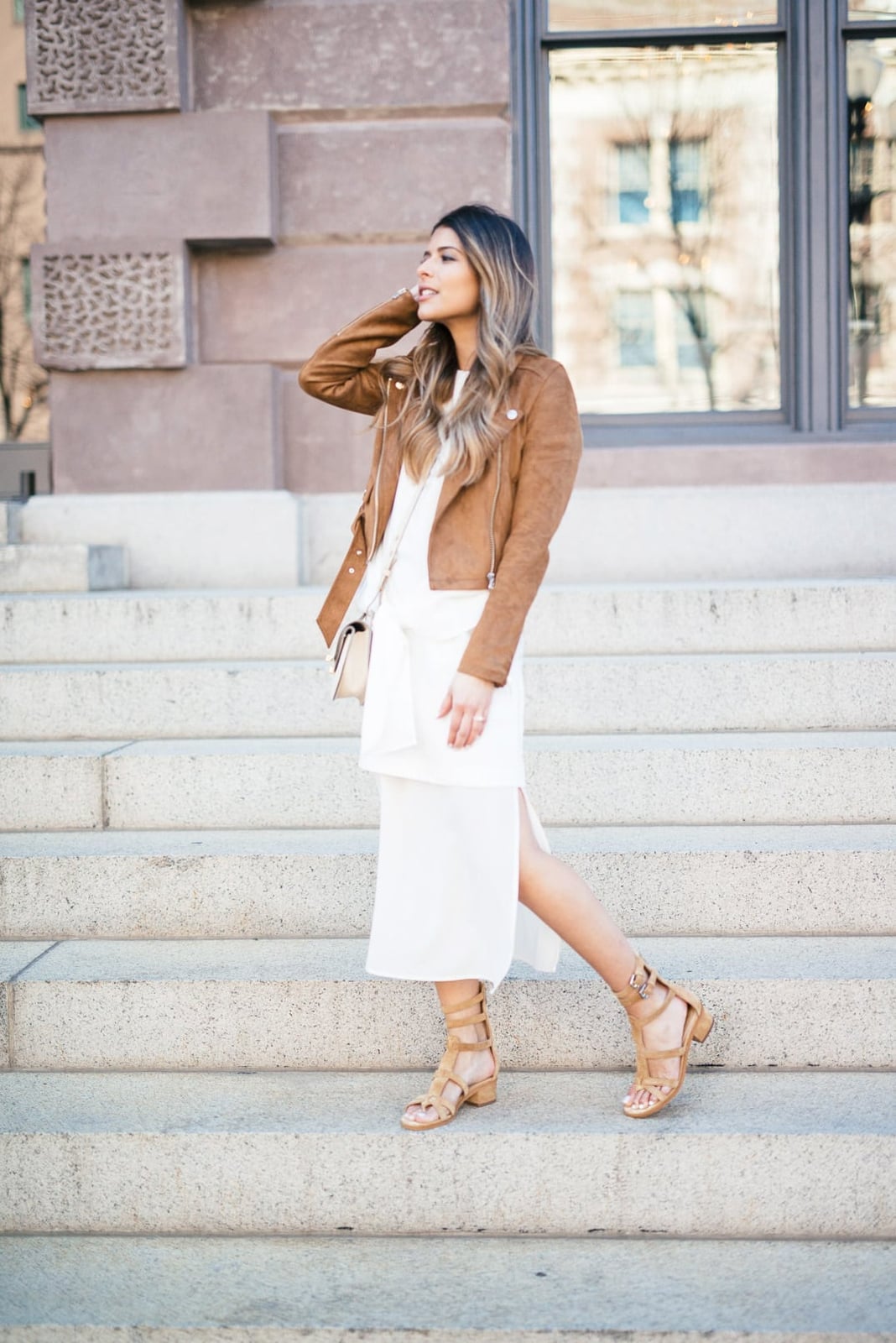 Tan block-heel gladiators with a midi dress and jacket Tan block-heel gladiators with a midi dress and jacket — Gladiator Sandals Outfits 2027