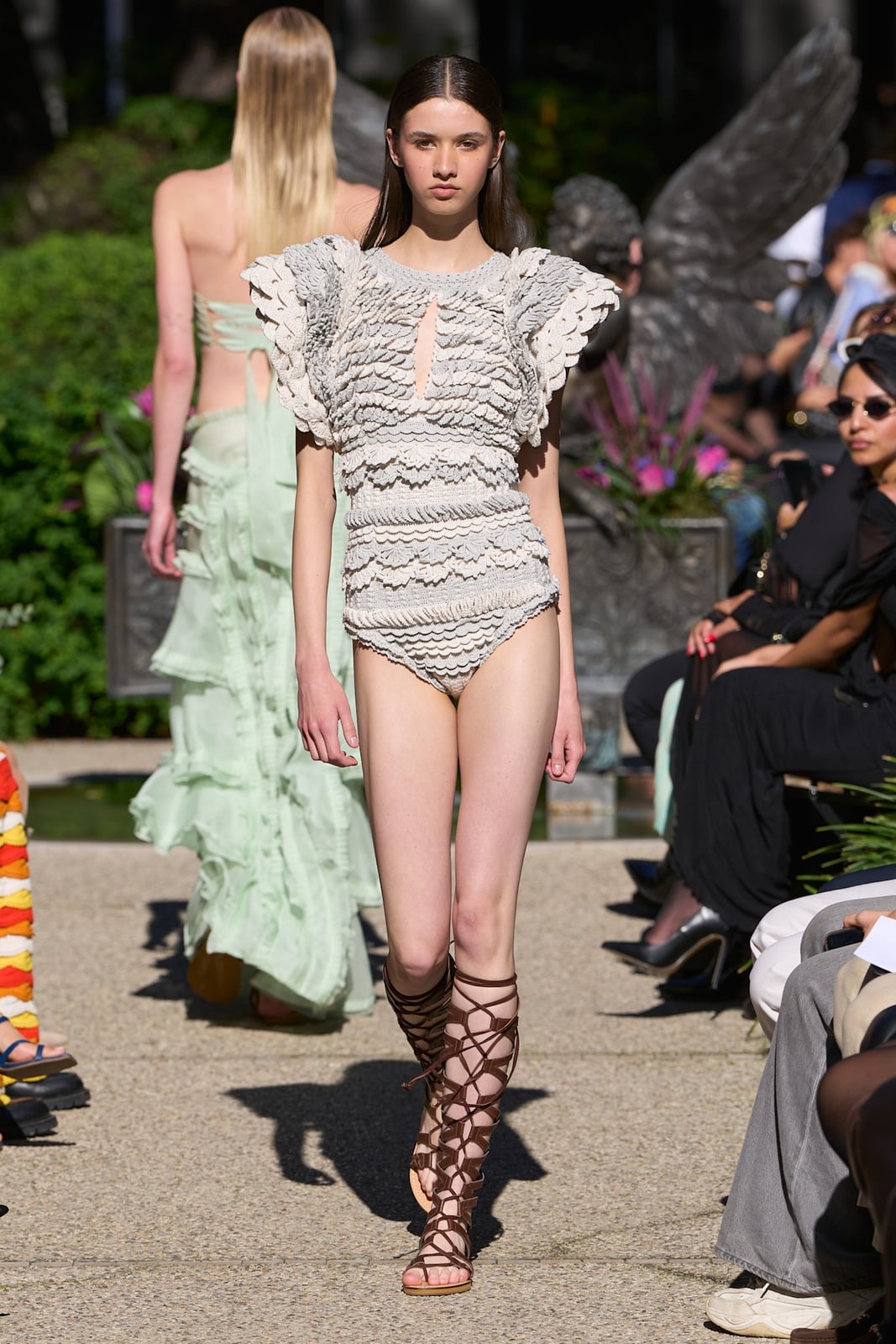 Dark brown gladiators with a mint green sheer skirt Dark brown gladiators with a mint green sheer skirt — Gladiator Sandals Outfits 2027
