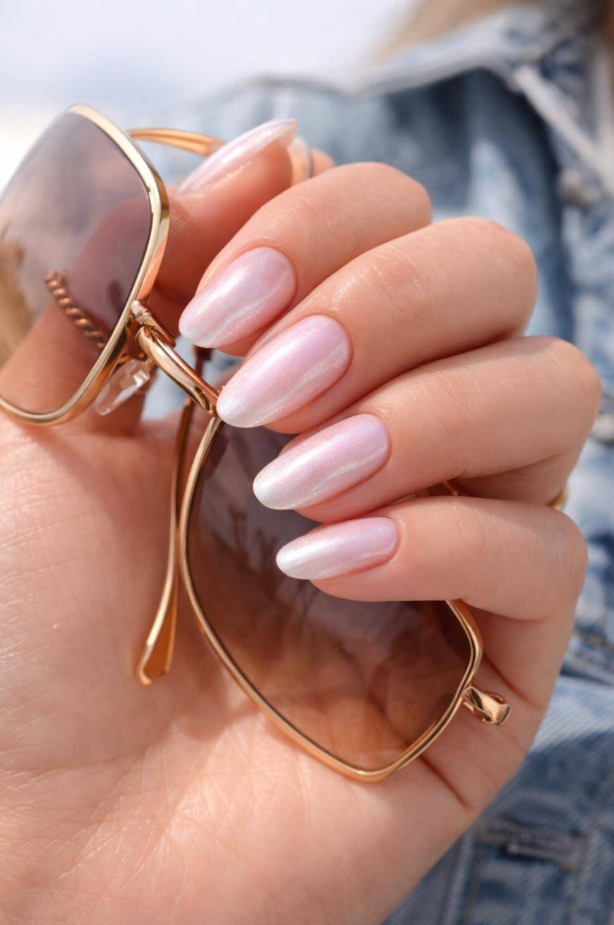 Medium Oval Sheer Pink Pearlescent Nails Medium Oval Sheer Pink Pearlescent Nails — Glazed Donut Nails 2027