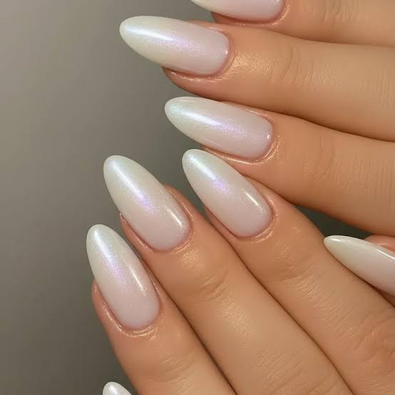 Medium Almond Milky White Pearlescent Chrome Nails Medium Almond Milky White Pearlescent Chrome Nails — Glazed Donut Nails 2027