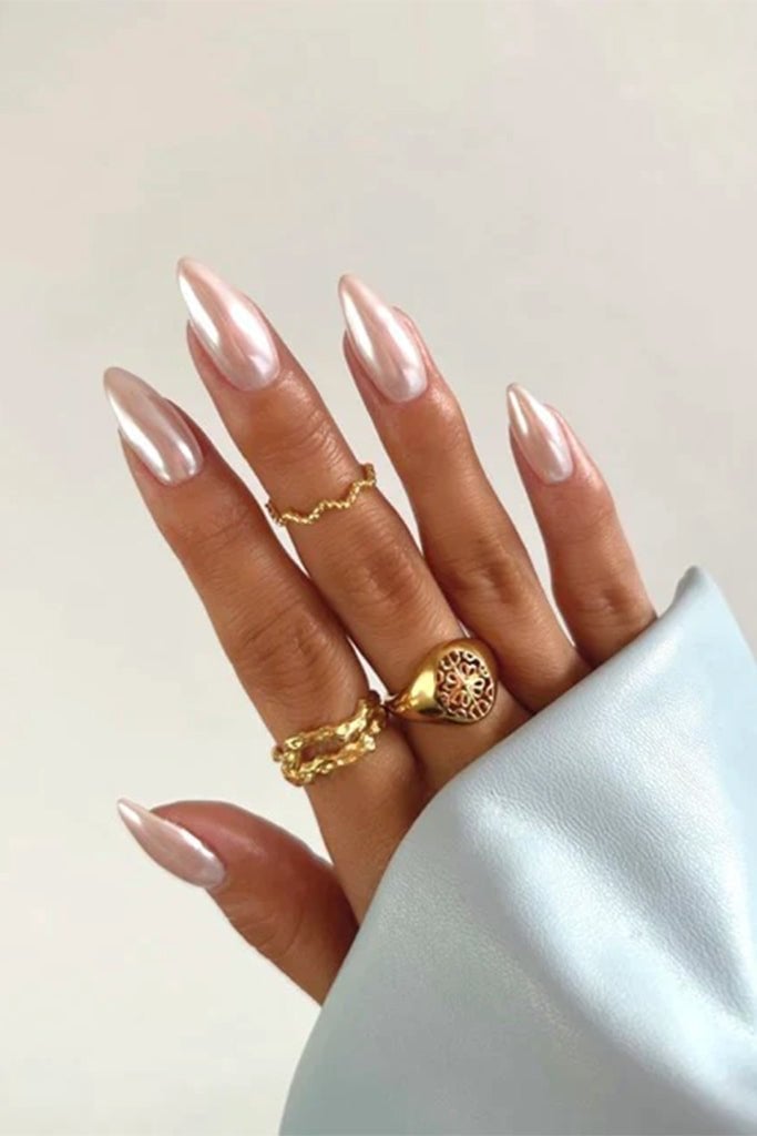 Medium Stiletto Pearlescent Pink Chrome Nails Medium Stiletto Pearlescent Pink Chrome Nails — Glazed Donut Nails 2027