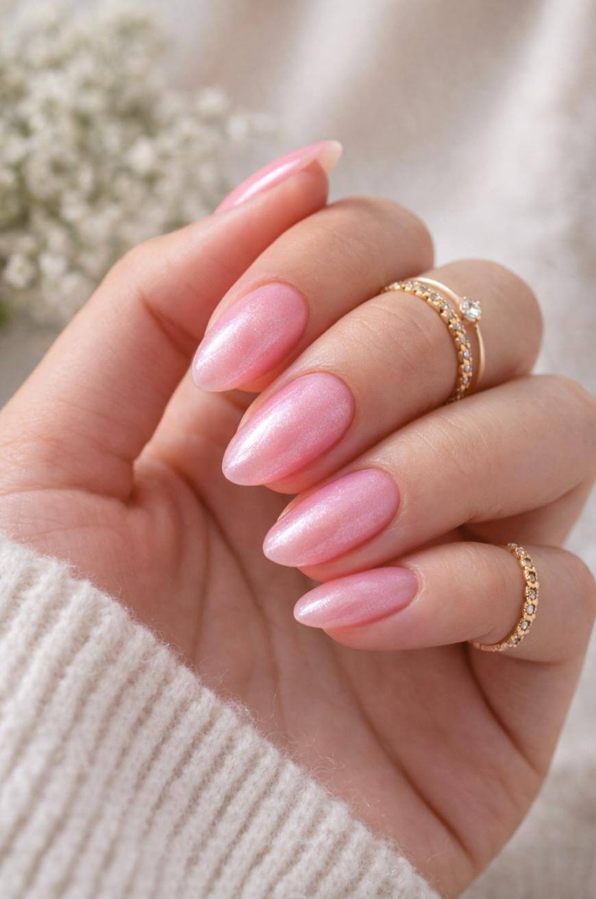 Medium Almond Pale Pink Pearlescent Shimmer Nails, Full Cover Medium Almond Pale Pink Pearlescent Shimmer Nails, Full Cover — Glazed Donut Nails 2027