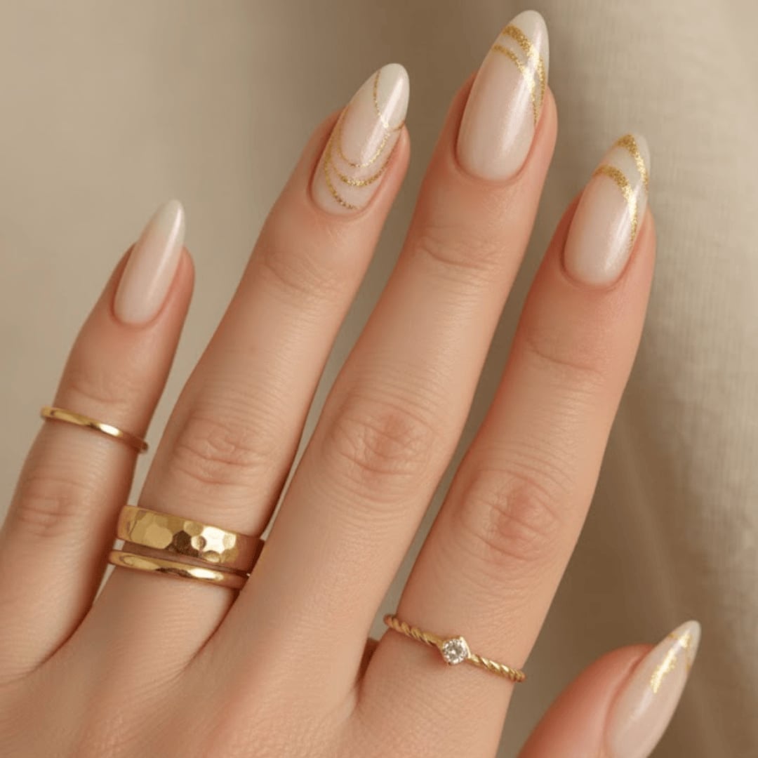 Medium Almond Milky White Gold Foil Accents Nails Medium Almond Milky White Gold Foil Accents Nails — Glazed Donut Nails 2027