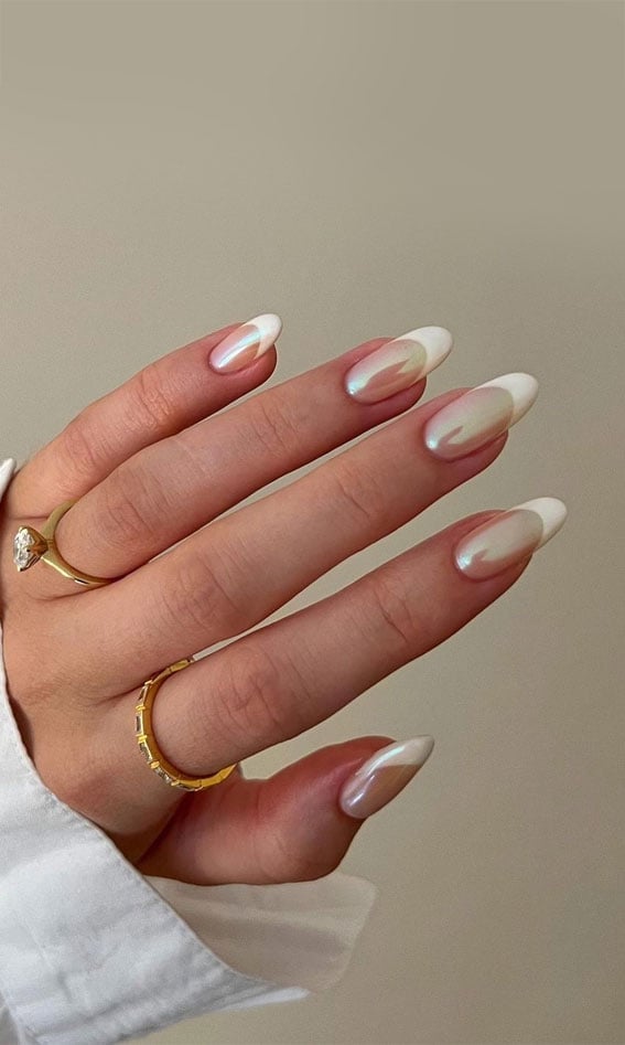 Medium Oval Sheer Nude Pearlescent French Tip Nails Medium Oval Sheer Nude Pearlescent French Tip Nails — Glazed Donut Nails 2027
