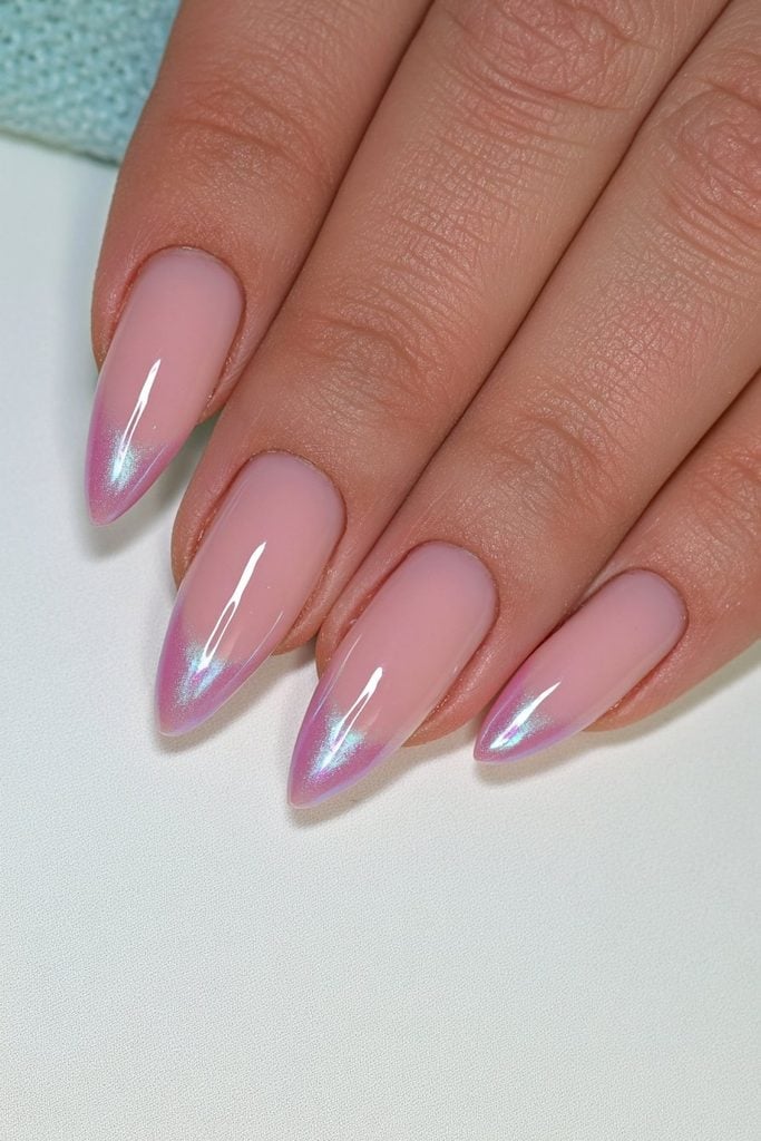 Medium Almond Sheer Pink Iridescent Tip Nails Medium Almond Sheer Pink Iridescent Tip Nails — Glazed Donut Nails 2027