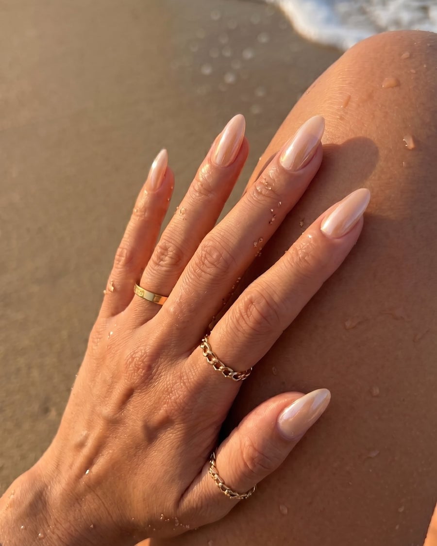Medium Almond Peach Chrome Glazed Nails Medium Almond Peach Chrome Glazed Nails — Glazed Donut Nails 2027