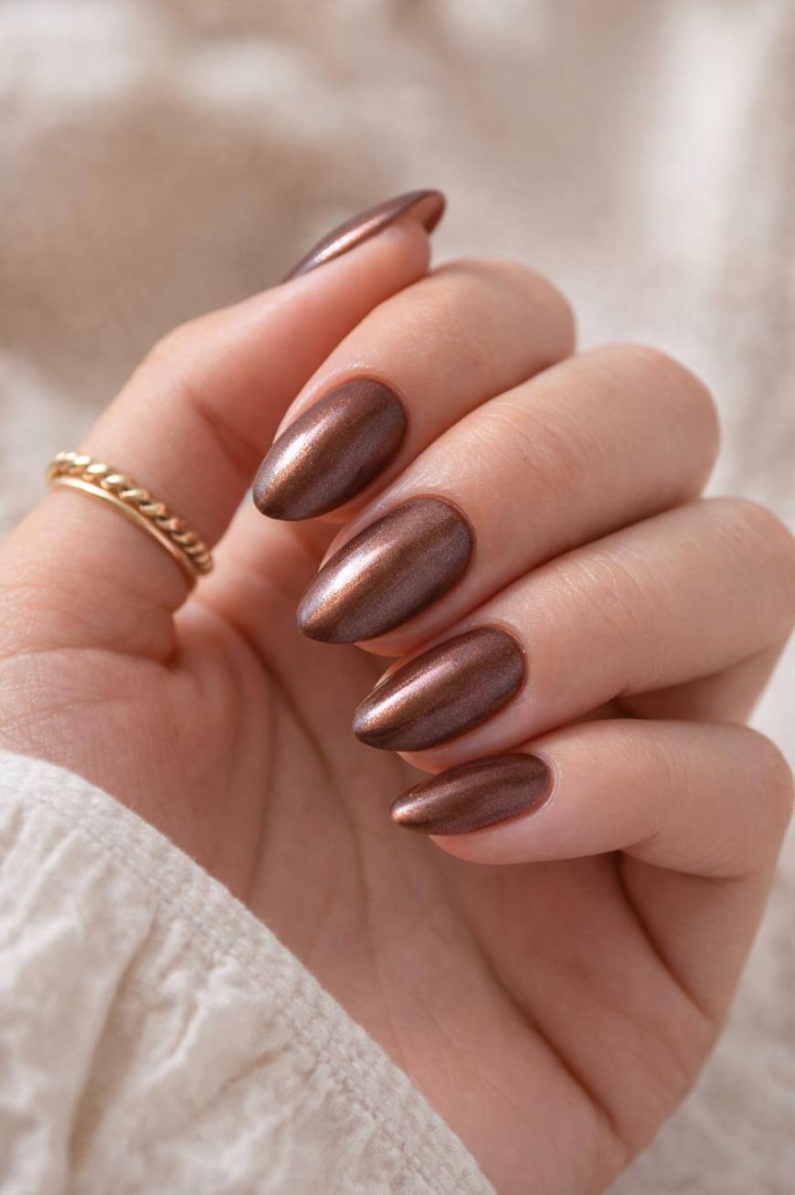 Medium Oval Metallic Brown Shimmer Nails Medium Oval Metallic Brown Shimmer Nails — Glazed Donut Nails 2027