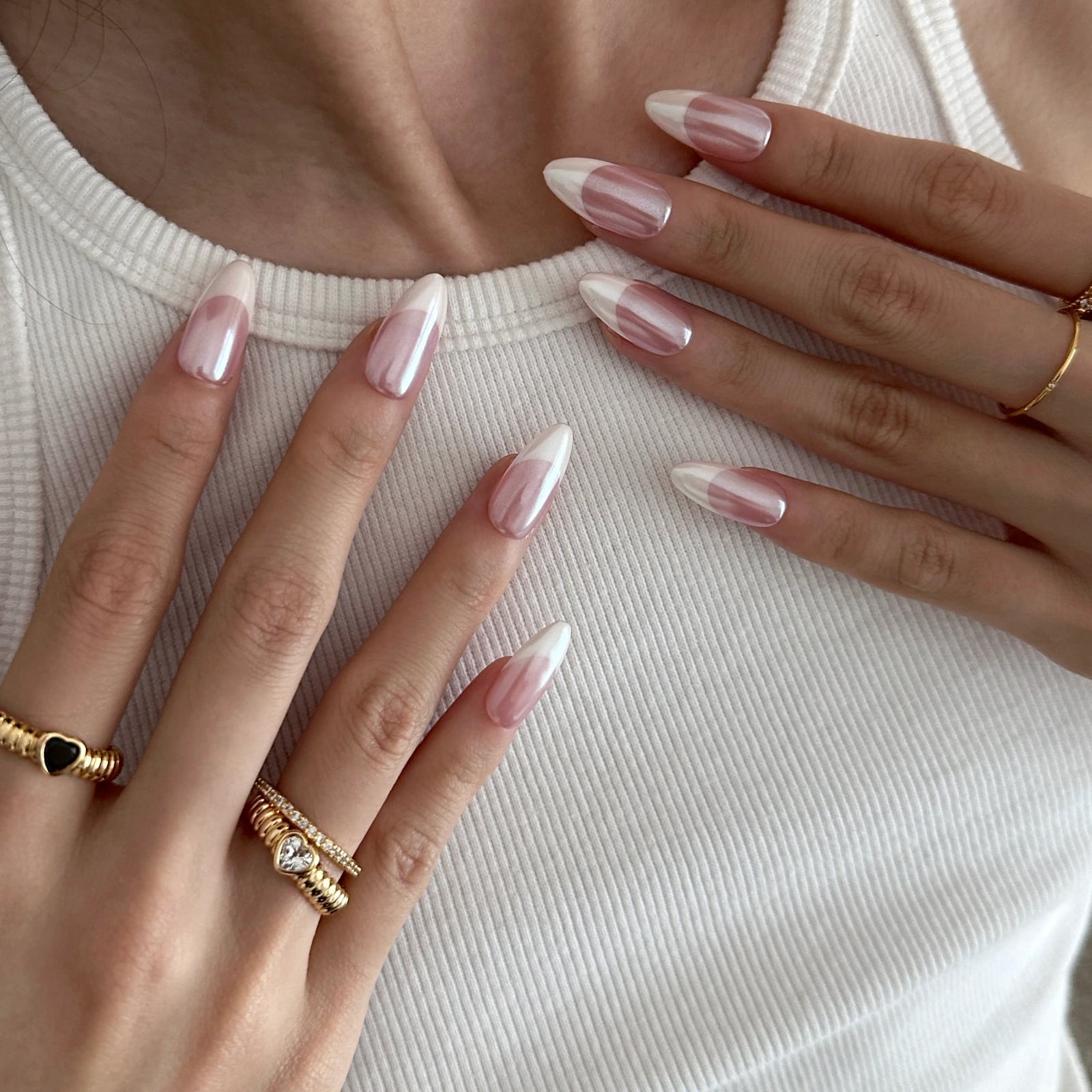 Medium Almond Pearlescent Pink Chrome French Nails Medium Almond Pearlescent Pink Chrome French Nails — Glazed Donut Nails 2027