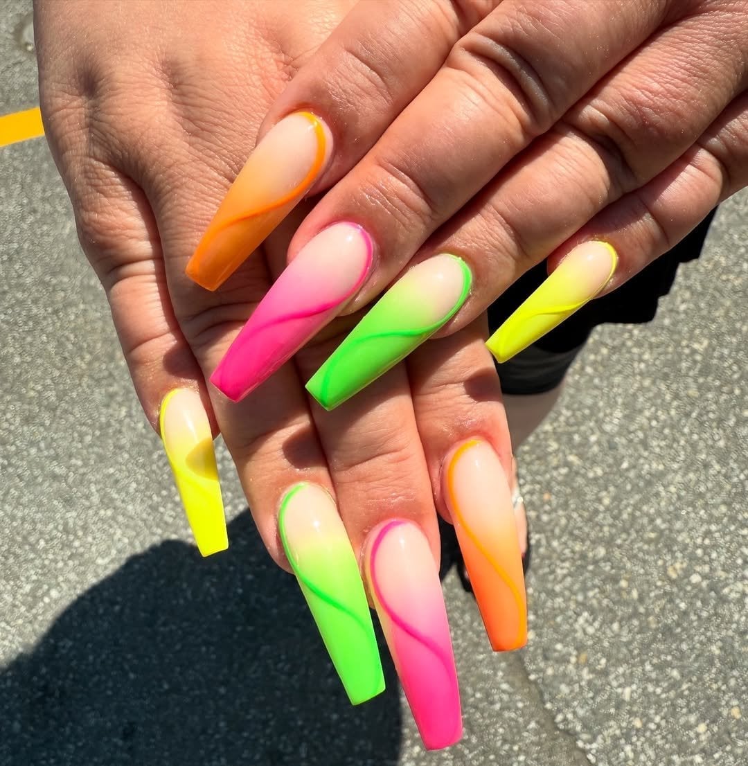 Neon Ombre Swirl Long Coffin Nails Neon Ombre Swirl Long Coffin Nails — Glow Rave Nails 2027