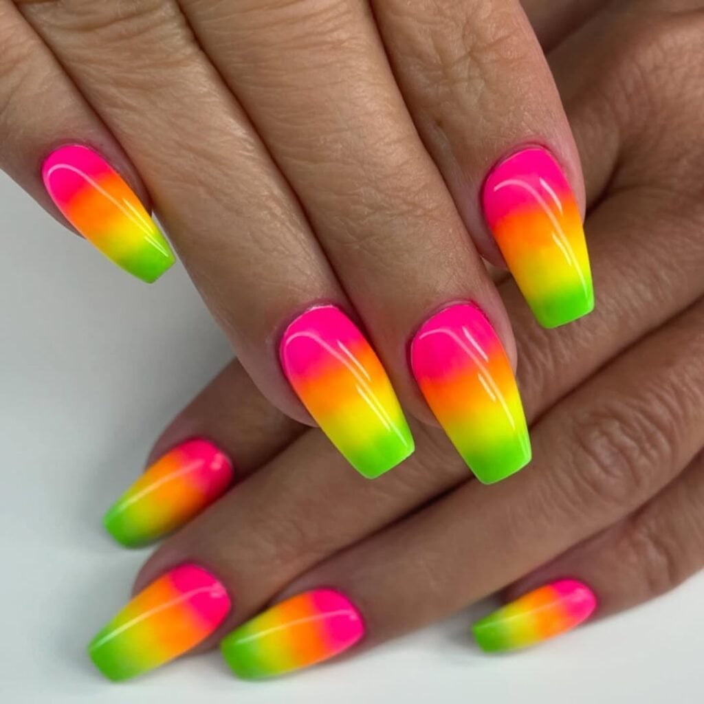 Neon Pink to Green Gradient Long Coffin Nails Neon Pink to Green Gradient Long Coffin Nails — Glow Rave Nails 2027