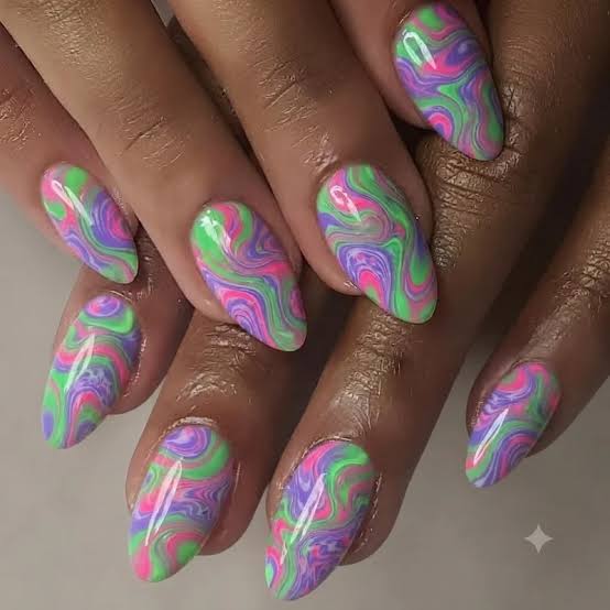 Psychedelic Swirl Medium Almond Nails Psychedelic Swirl Medium Almond Nails — Glow Rave Nails 2027