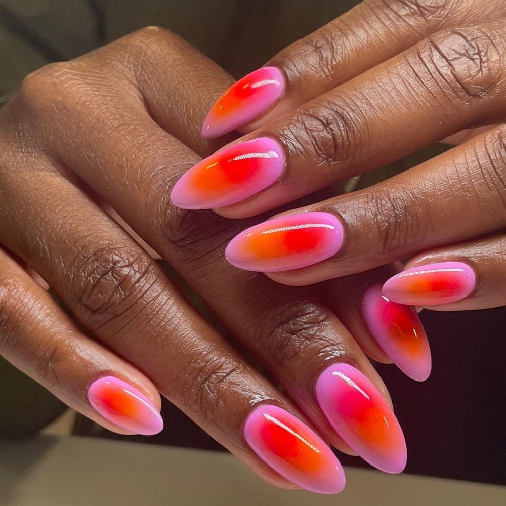 Pink to Red Gradient Medium Almond Nails Pink to Red Gradient Medium Almond Nails — Glow Rave Nails 2027