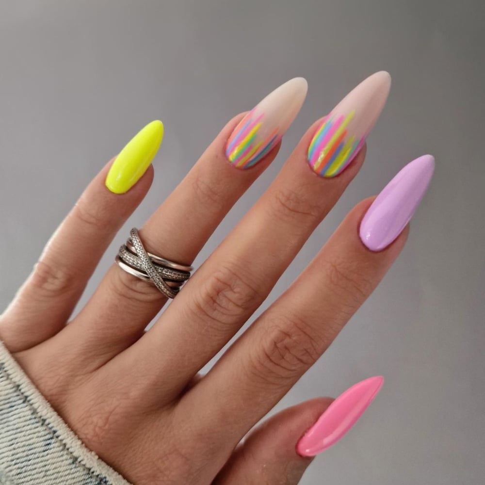 Neon Abstract Lines Long Stiletto Nails Neon Abstract Lines Long Stiletto Nails — Glow Rave Nails 2027