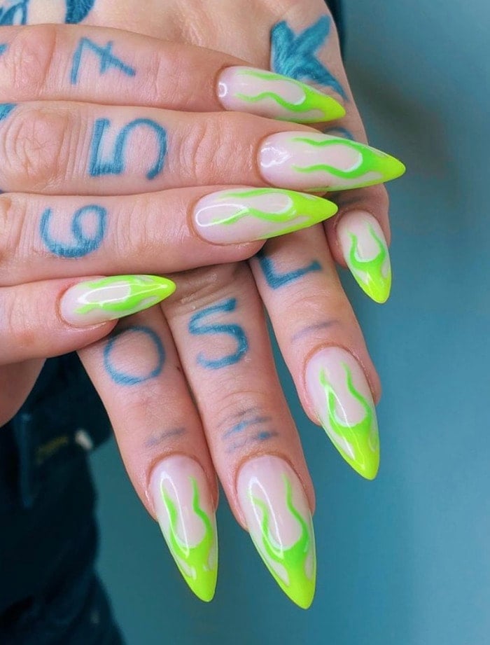 Neon Green Flame Long Stiletto Nails Neon Green Flame Long Stiletto Nails — Glow Rave Nails 2027