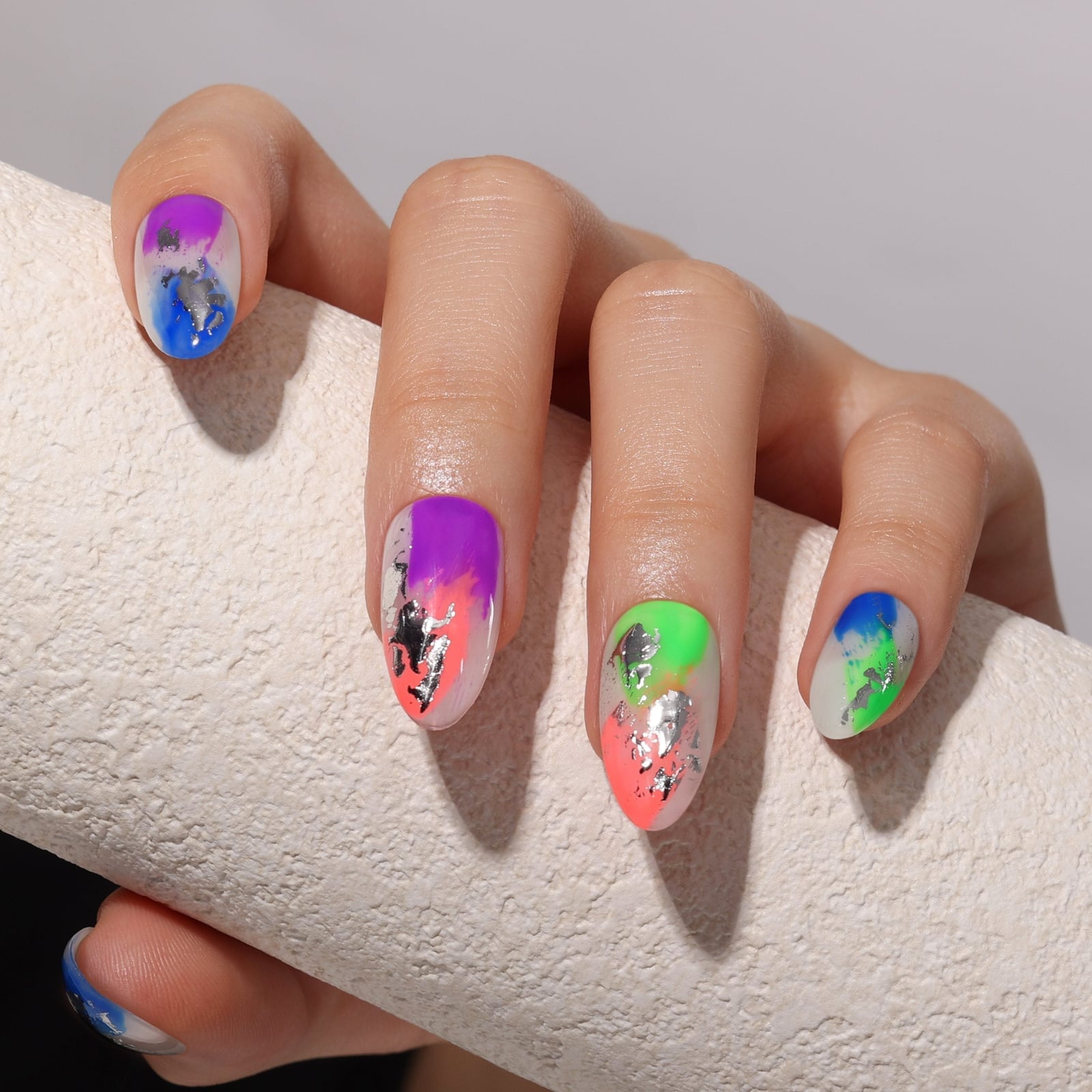 Purple Green Abstract Foil Medium Almond Nails Purple Green Abstract Foil Medium Almond Nails — Glow Rave Nails 2027