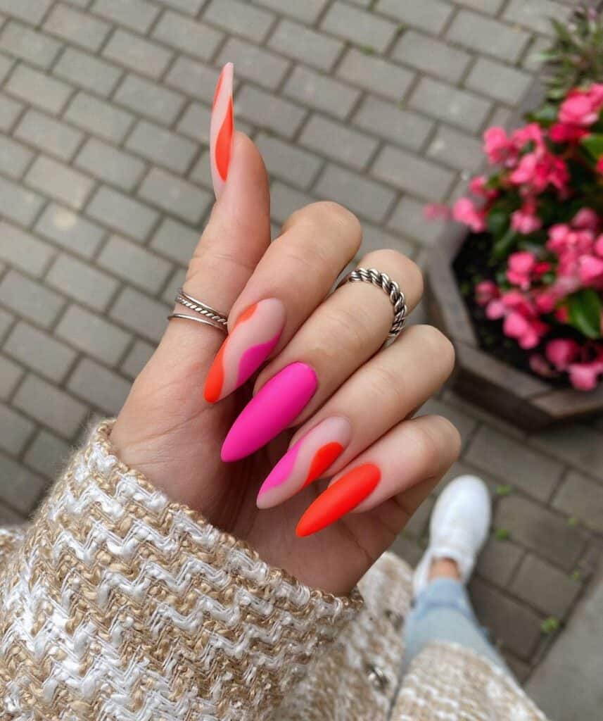 Neon Orange Pink Abstract Long Almond Nails Neon Orange Pink Abstract Long Almond Nails — Glow Rave Nails 2027