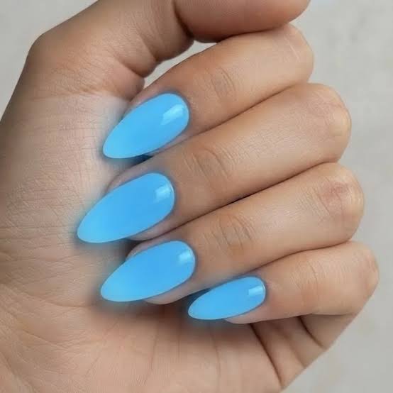 Bright Blue Glossy Medium Almond Nails Bright Blue Glossy Medium Almond Nails — Glow Rave Nails 2027