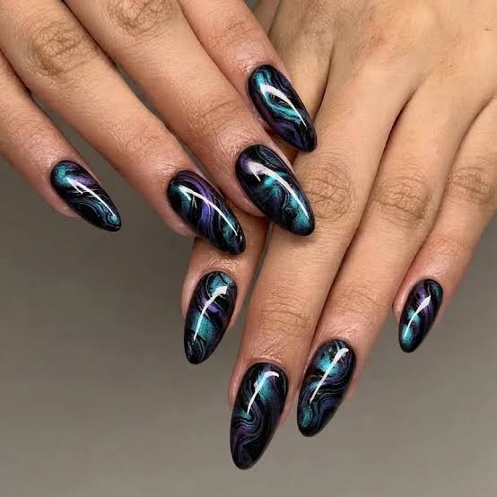 Dark Blue Teal Purple Cat-Eye Stiletto Nails Dark Blue Teal Purple Cat-Eye Stiletto Nails — Glow Rave Nails 2027