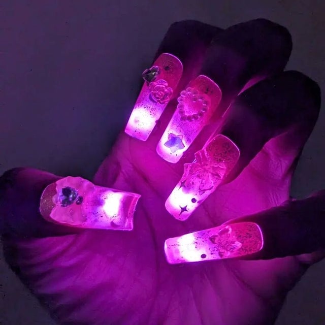 Pink Internal Light Long Coffin Nails, Glossy Pink Internal Light Long Coffin Nails, Glossy — Glow Rave Nails 2027