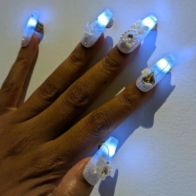 Blue LED Light Long Coffin Nails Blue LED Light Long Coffin Nails — Glow Rave Nails 2027