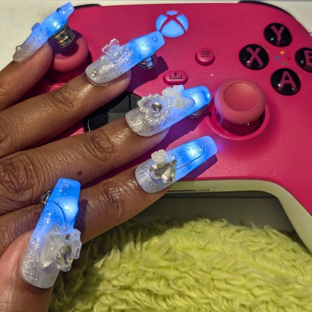 Blue LED Glow Long Square Nails Blue LED Glow Long Square Nails — Glow Rave Nails 2027