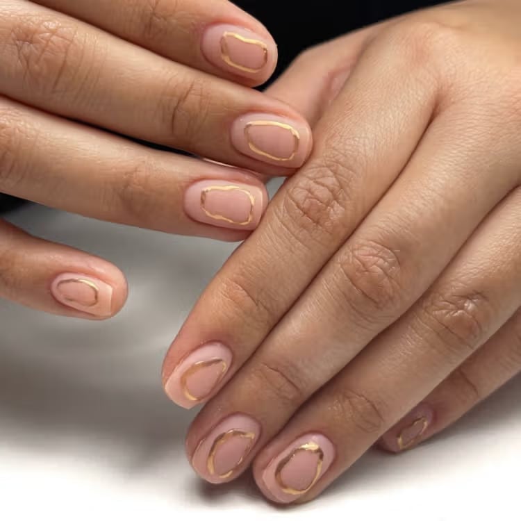 Sheer Nude Irregular Gold Line Short Square Nails — Gold Chrome Nails 2027