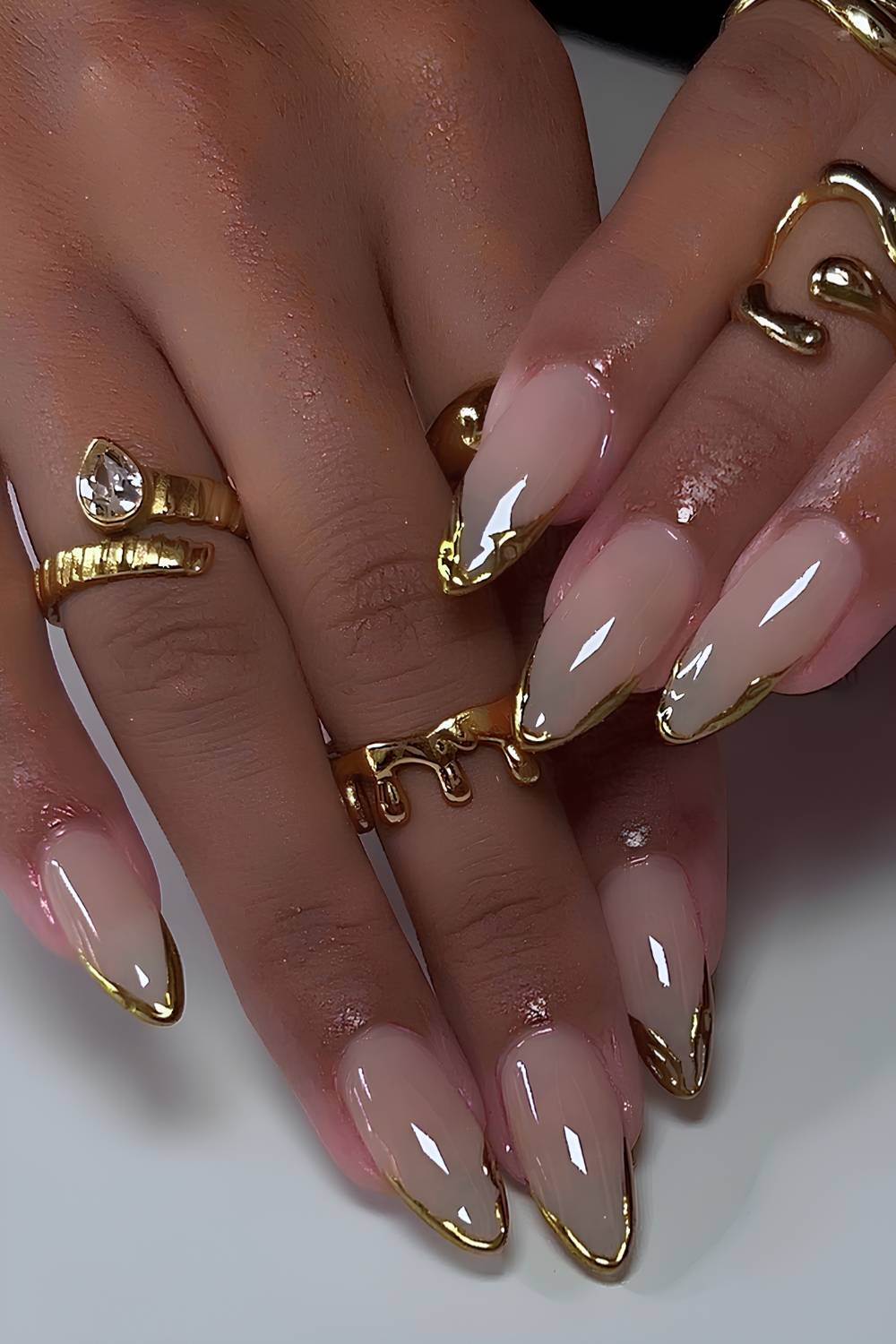 Sheer Nude Gold Chrome Outline Long Almond Nails — Gold Chrome Nails 2027