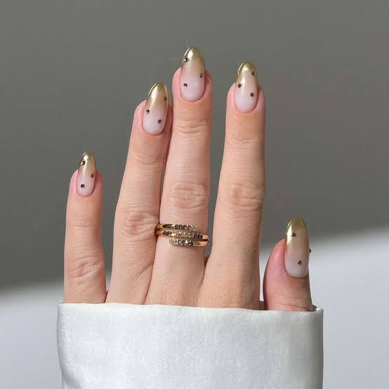 Full Gold Chrome Medium Oval Nails with Dots — Gold Chrome Nails 2027