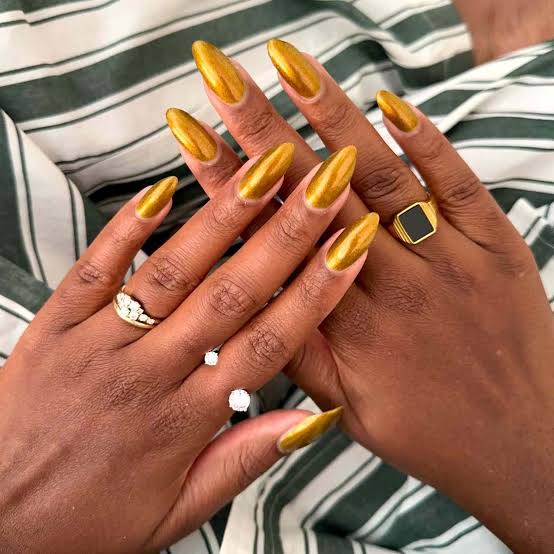 Vibrant Gold Chrome Medium Almond Nails — Gold Chrome Nails 2027