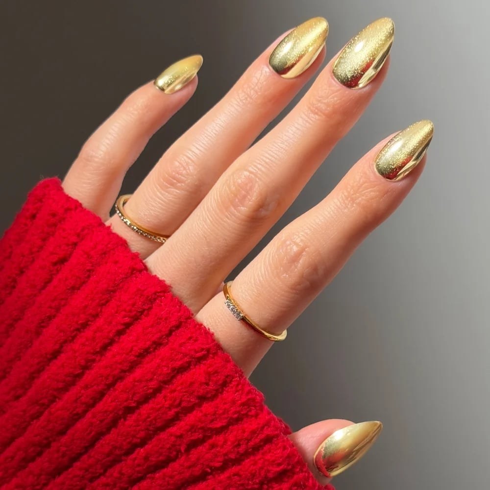 Nude Base Gold Foil Leaf Medium Almond Nails — Gold Chrome Nails 2027