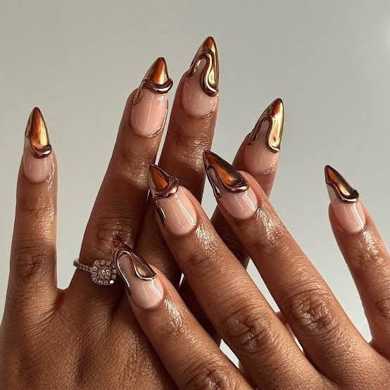 Nude Base Gold Chrome Dripping Accents Long Almond Nails — Gold Chrome Nails 2027