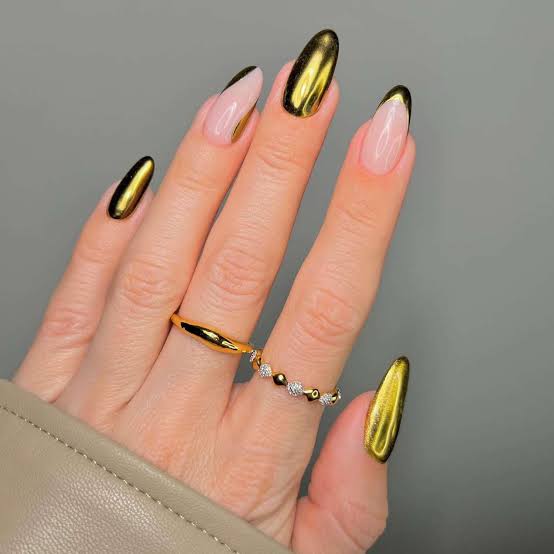 Nude Base Chrome French Medium Almond Nails, Close-Up Take — Gold Chrome Nails 2027