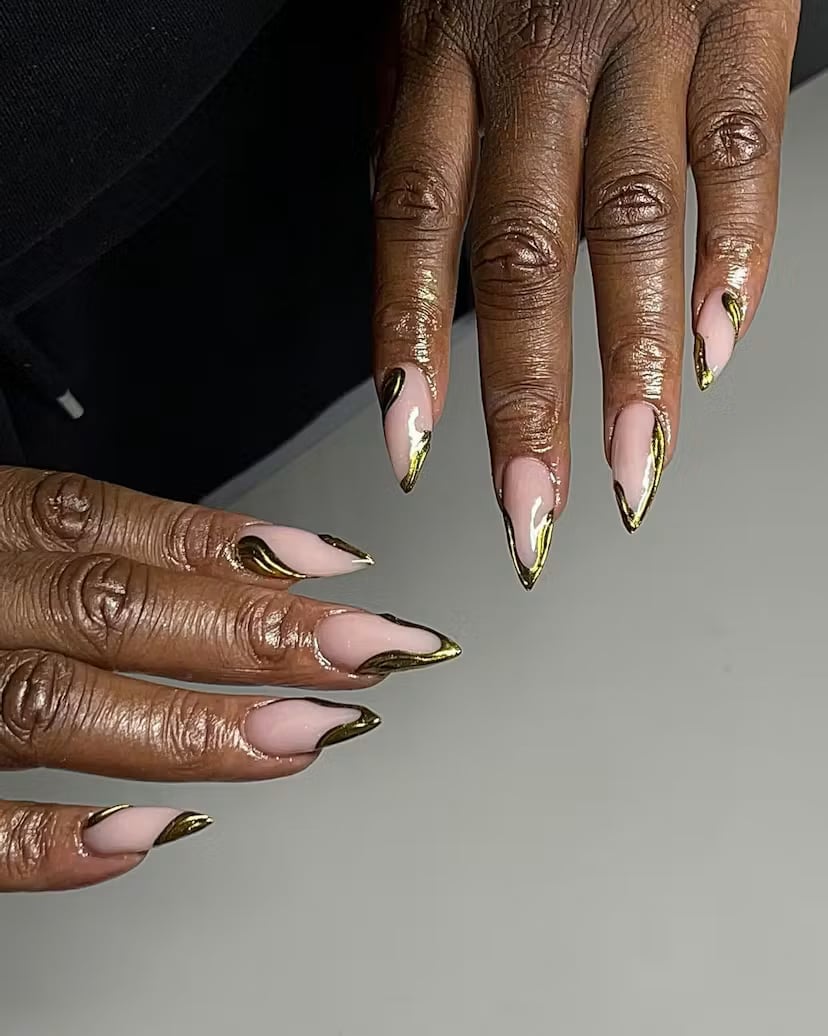 Sheer Nude Gold Chrome Abstract Lines Long Stiletto Nails — Gold Chrome Nails 2027
