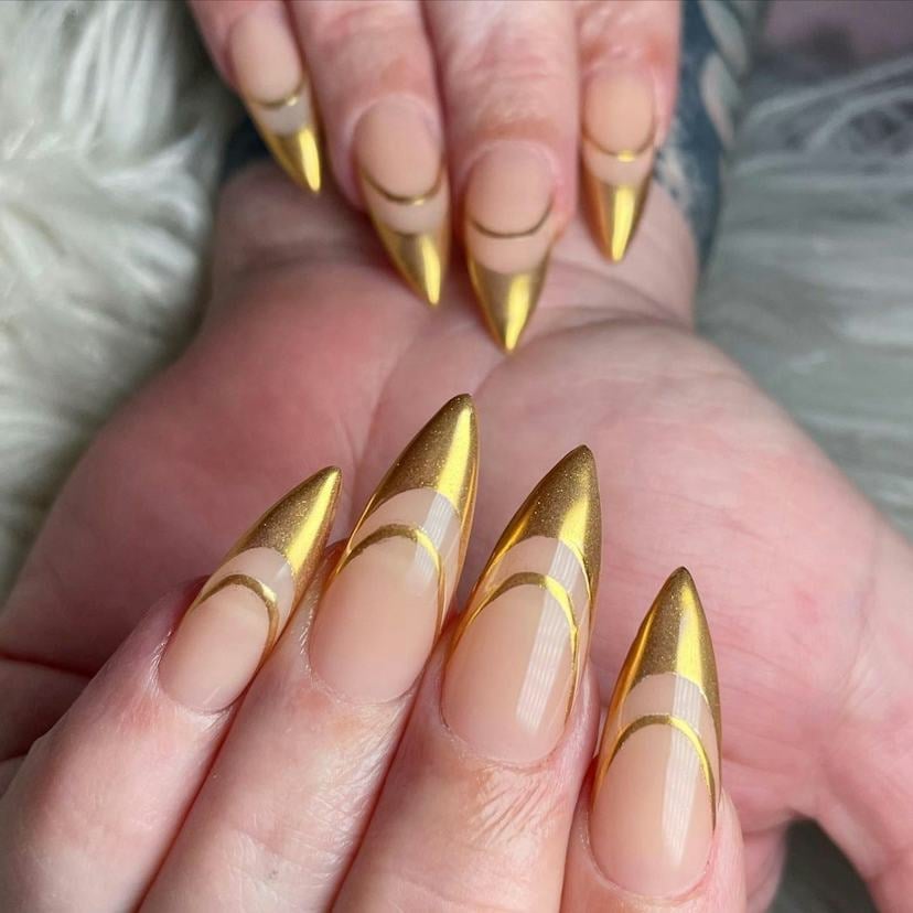 Sheer Nude Gold Chrome Abstract Lines Long Stiletto, Close-Up Take — Gold Chrome Nails 2027