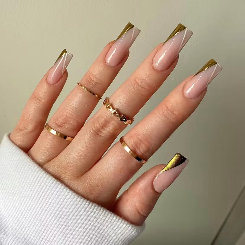 Nude Base Gold Chrome French Long Square Nails — Gold Chrome Nails 2027