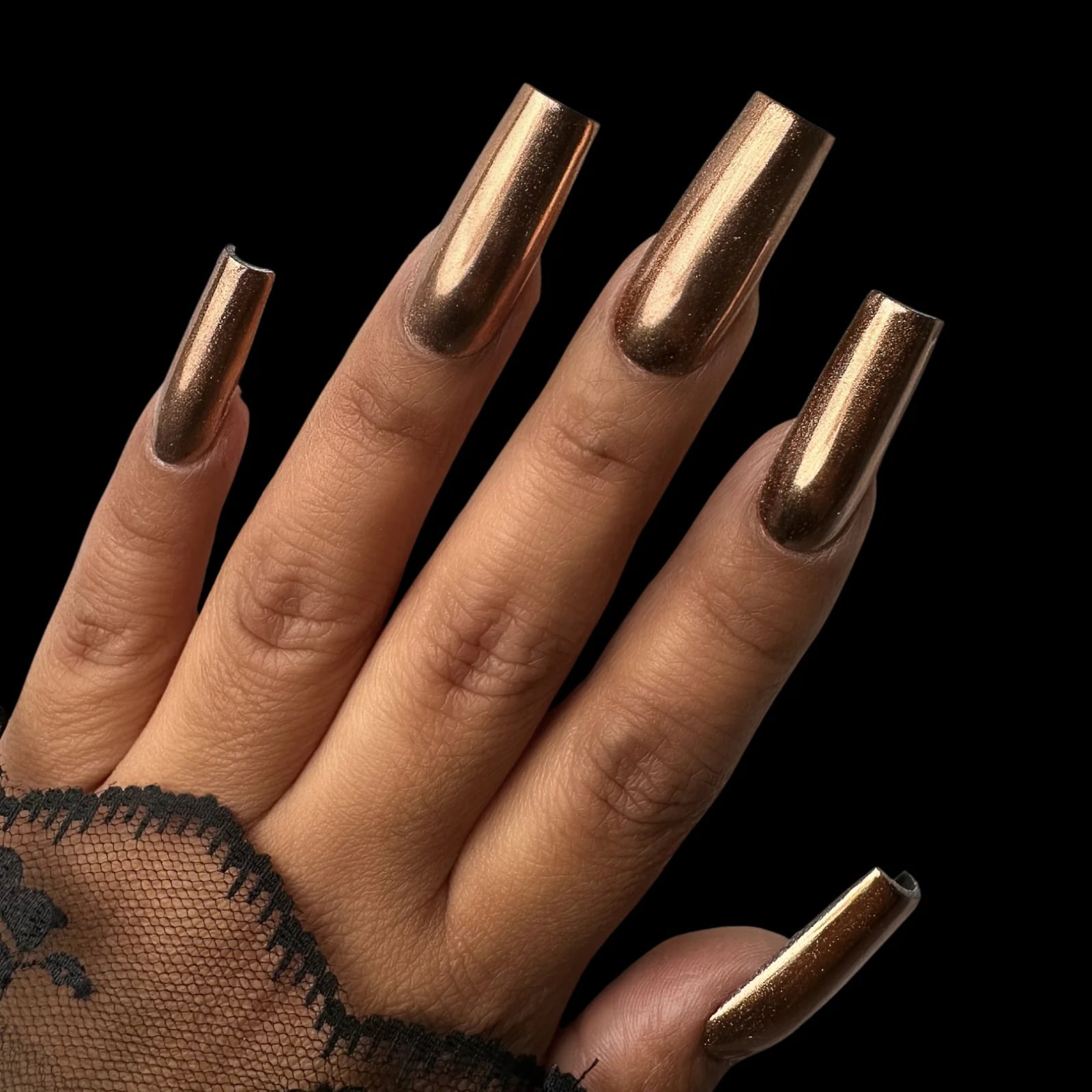 Rose Gold Chrome Long Coffin Nails — Gold Chrome Nails 2027