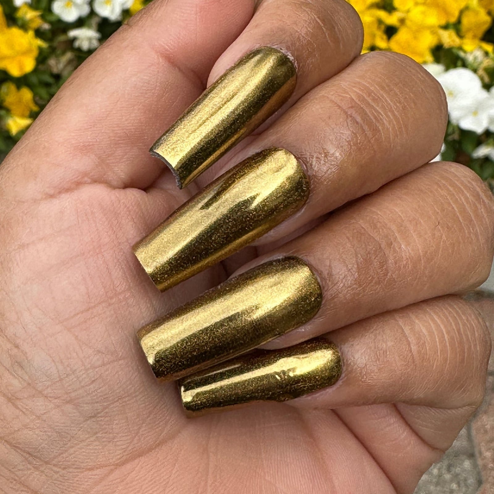 Brilliant Gold Chrome Long Square Nails — Gold Chrome Nails 2027