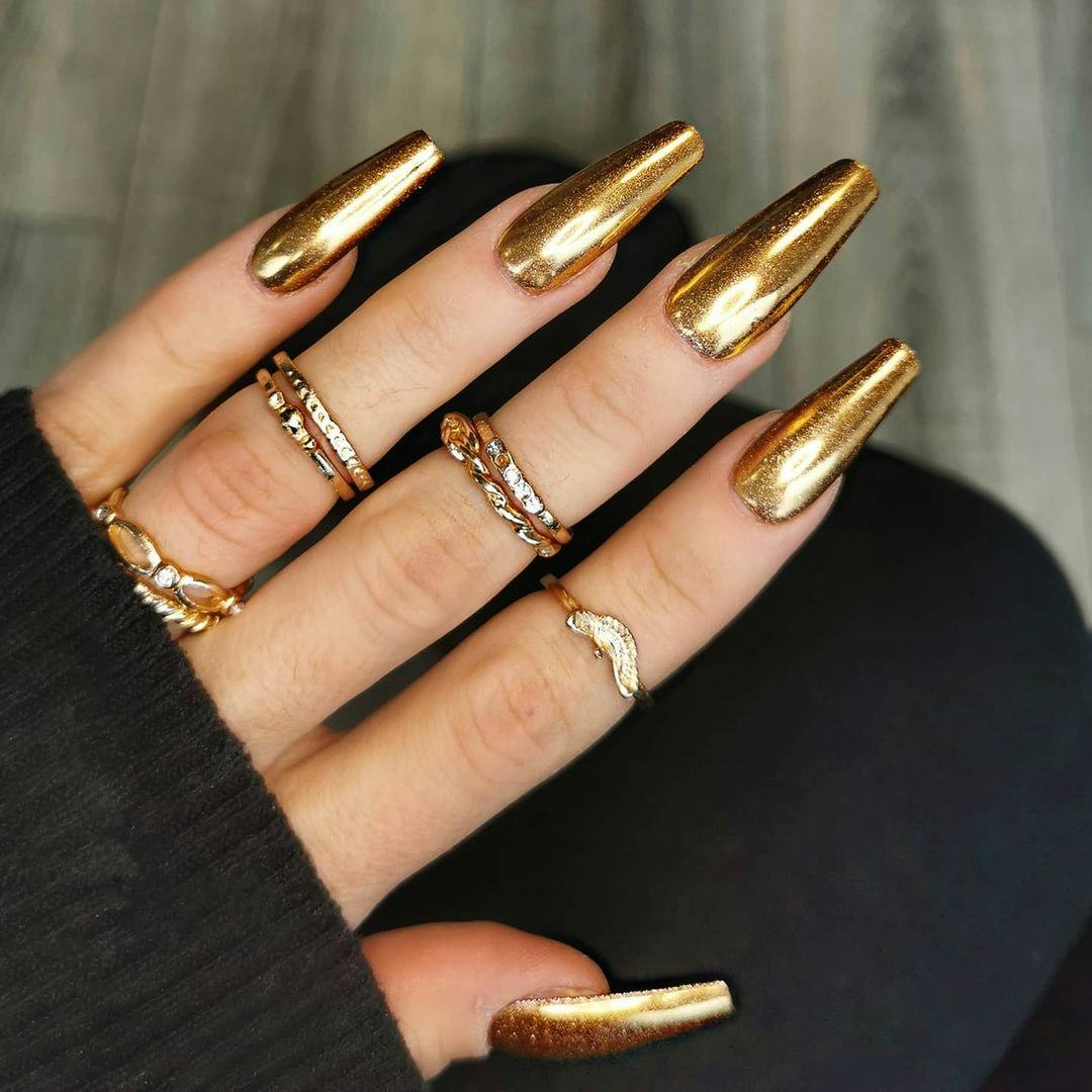 Mirror Gold Chrome Long Coffin Nails — Gold Chrome Nails 2027