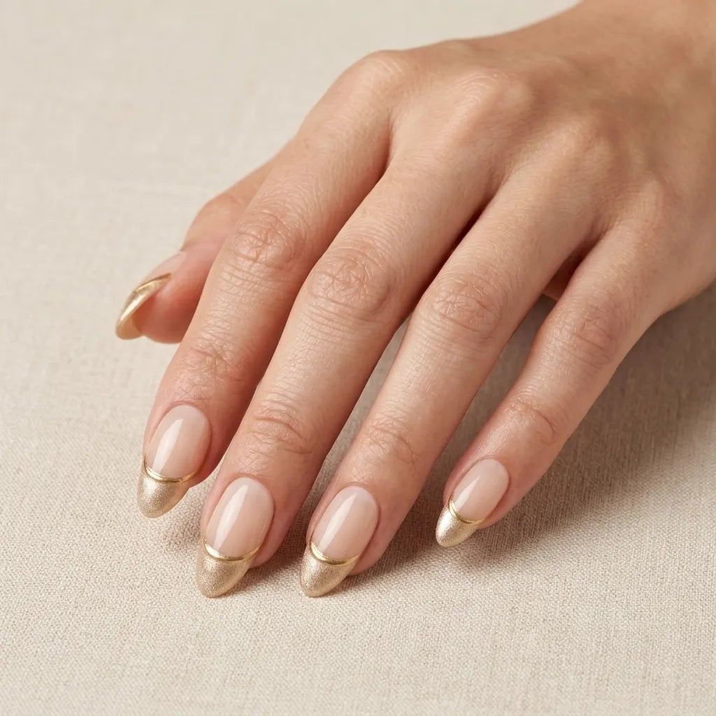 Nude Base Bright Gold Chrome French Medium Almond Nails — Gold Chrome Nails 2027