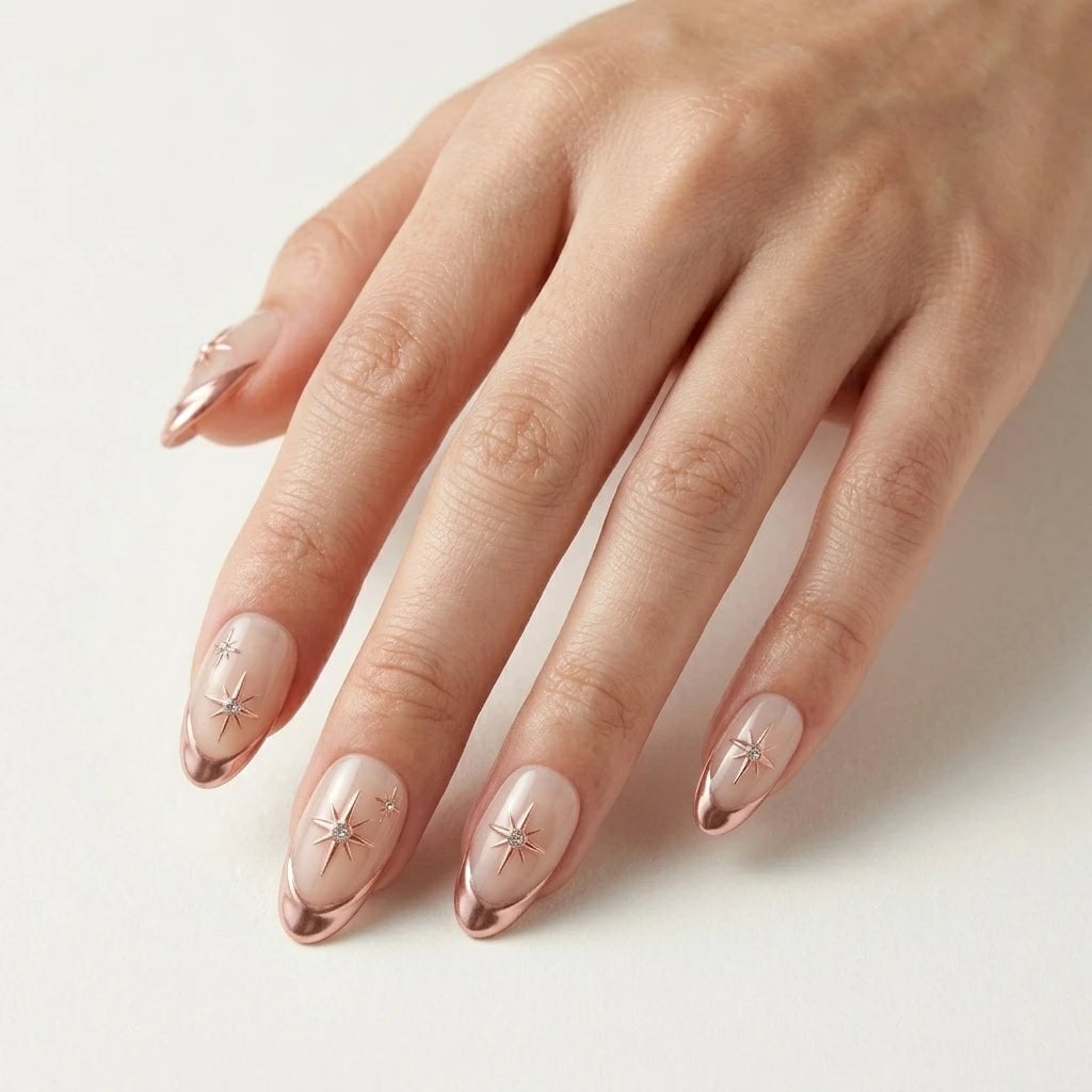 Sheer Nude Rose Gold French Short Almond Nails, Close-Up Take — Gold Chrome Nails 2027