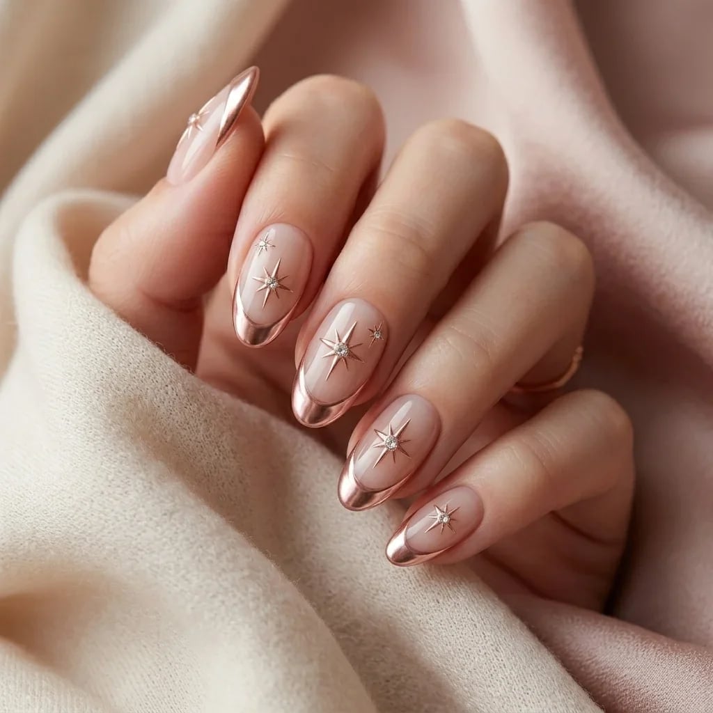 Nude Rose Gold Chrome French Star Accent Medium Almond Nails — Gold Chrome Nails 2027