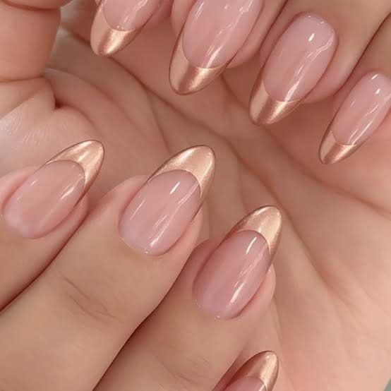 Nude Base Rose Gold Chrome French Medium Almond, Everyday Version — Gold Chrome Nails 2027