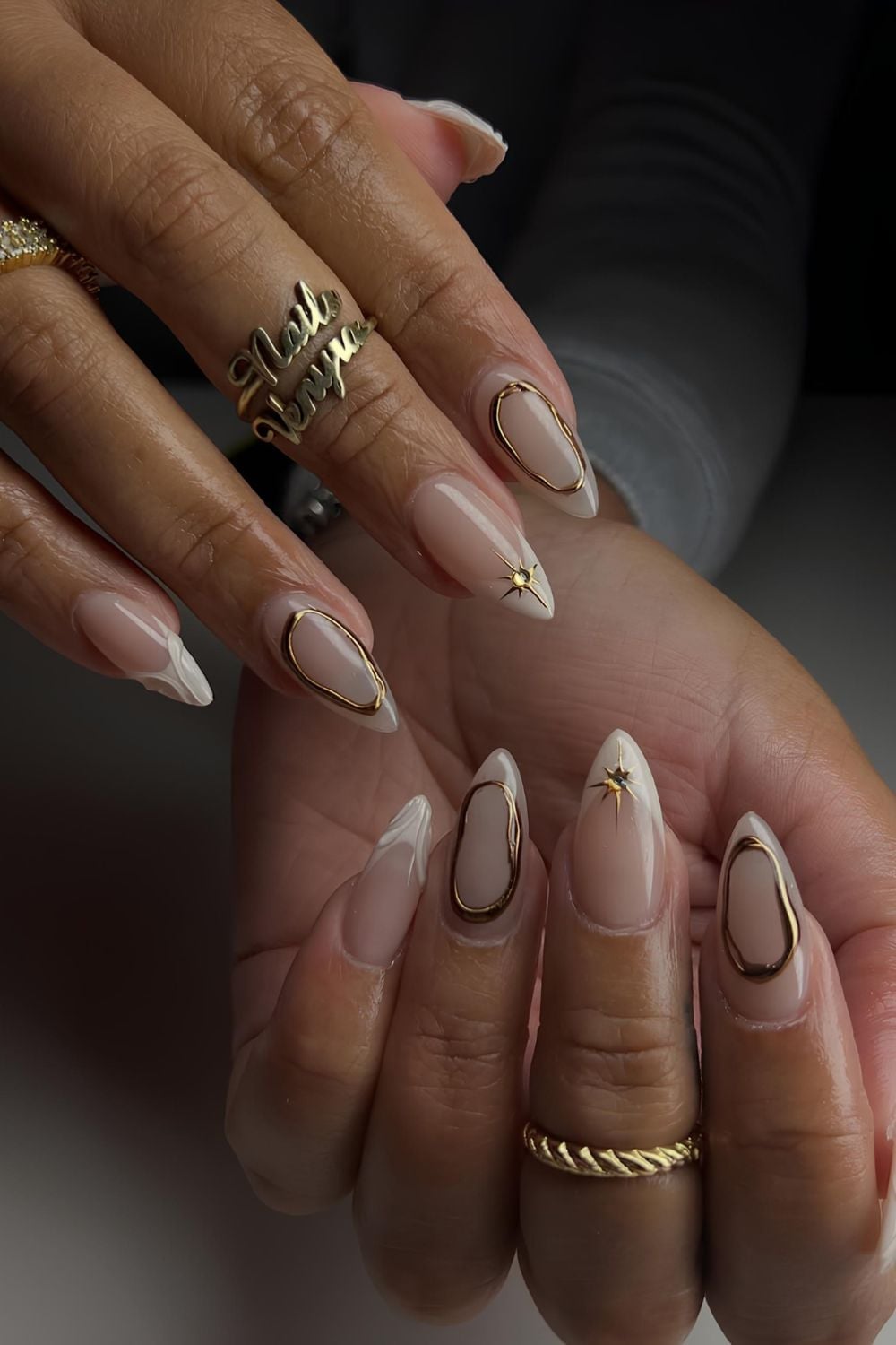 Nude White French Gold Outline Medium Almond Nails — Gold Chrome Nails 2027
