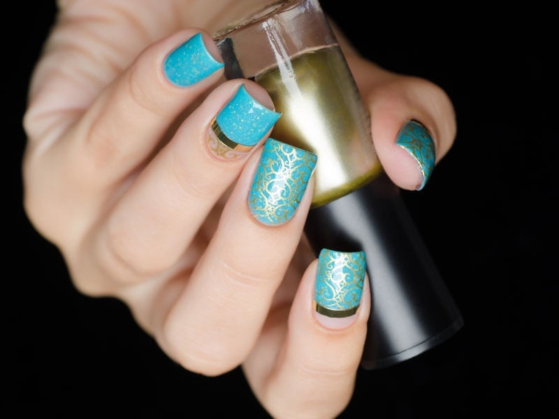 Teal Nails With Gold Stamped Designs Teal Nails With Gold Stamped Designs — Gold Stamping Nails 2027