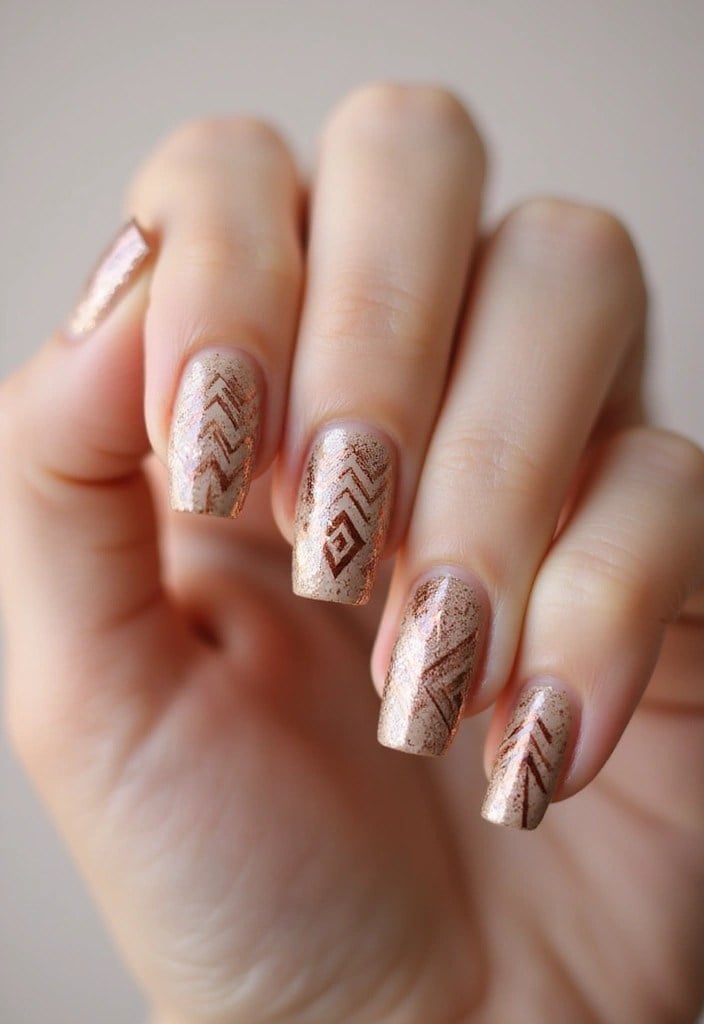 Neutral Beige With Copper Geometric Stamping Neutral Beige With Copper Geometric Stamping — Gold Stamping Nails 2027