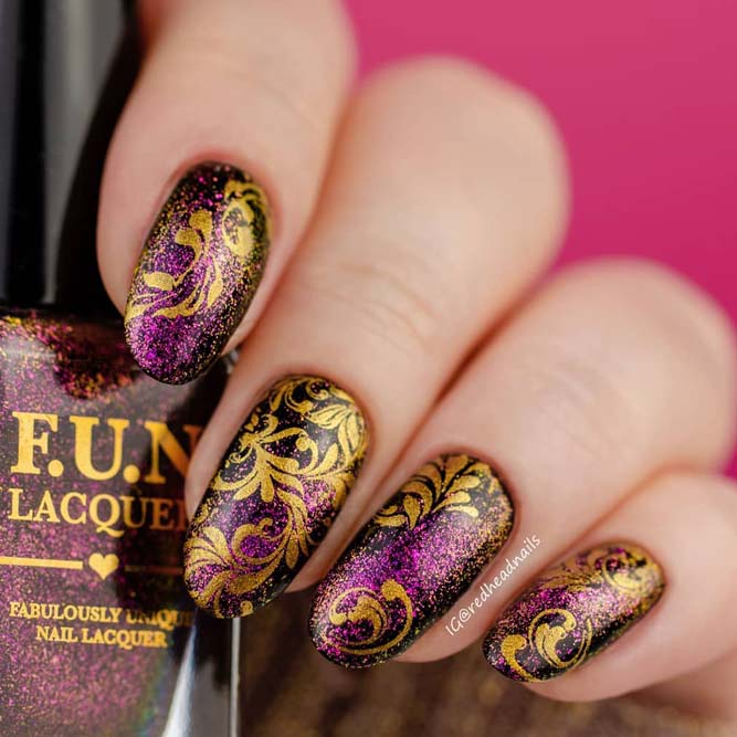 Short Oval Purple With Gold Damask Short Oval Purple With Gold Damask — Gold Stamping Nails 2027