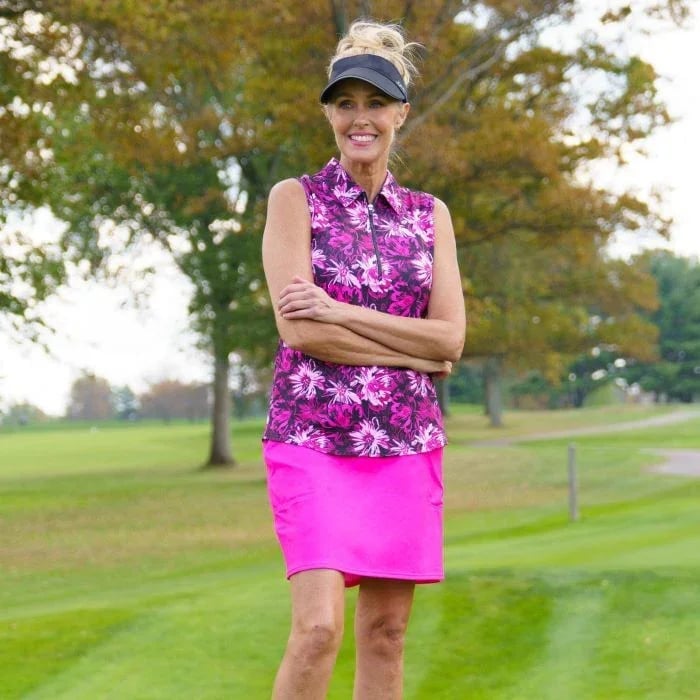 Floral print polo with bright pink skirt Floral print polo with bright pink skirt — Golf Tournament Outfits 2027