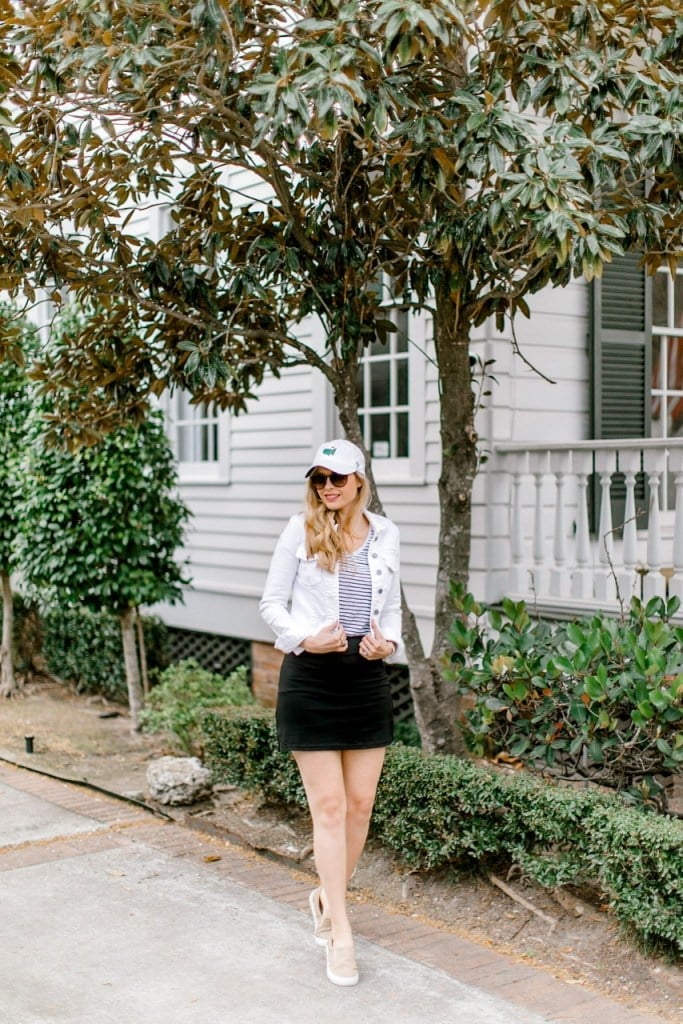 Denim jacket over striped tee with mini skirt Denim jacket over striped tee with mini skirt — Golf Tournament Outfits 2027